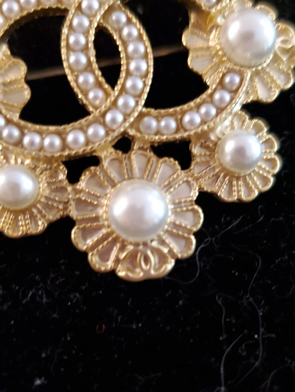 Chanel Gold Pearl Floral Logo Brooch -